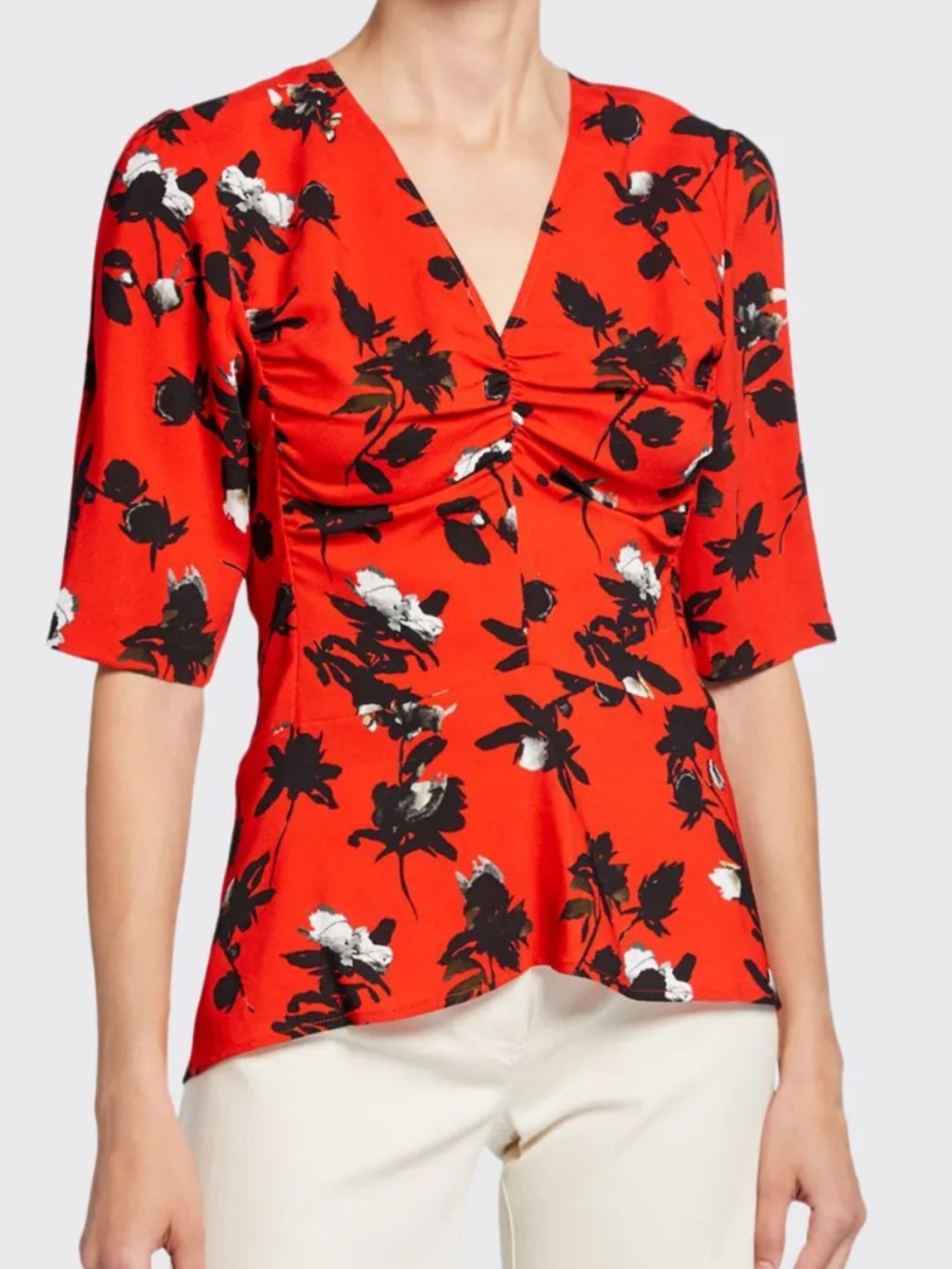 Derek Lam Red Floral Print Ruched Short Sleeve V Neck Top Blouse Size 14